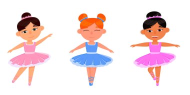 Mor elbiseli üç balerin. Beyaz saçlı balerin çöreğin içinde toplanmış. Beyaz arka planda izole balerinler.