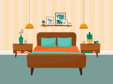 Yatak odası çizimi. Yatak ve komodinleri, ev bitkilerinin dekorasyonu, posterler ve mumlar. Düz tasarım çizimi.