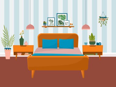 Yatak odası çizimi. Yatak ve komodinleri, ev bitkilerinin dekorasyonu, posterler ve mumlar. Düz tasarım çizimi.