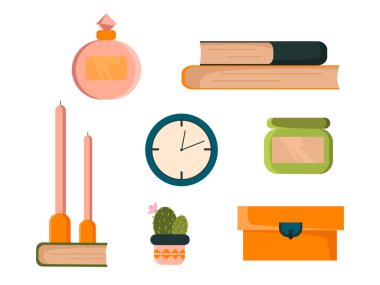 Vektör ev dekorasyon elemanları kümesi. Kitaplar, mumlar, mücevher kutusu, parfüm, mücevher kutusu, kaktüs saksısı duvar saati.