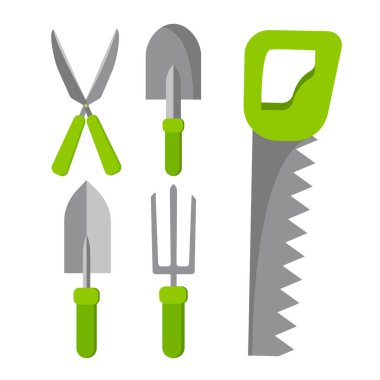 Bahçıvanlık araçları beyaz arkaplanda izole edildi. Kova, kürek, yaba, tırmık, budama, balta, testere, sulama kutusu, bahçe kürekleri. Basit düz çizgi filmdeki vektör illüstrasyonu.