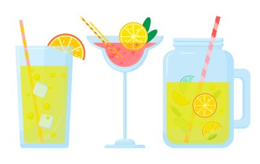 Beyaz arka planda izole edilmiş bir grup kokteyl. Alkollü ve alkolsüz içecekler. Klasik soğuk kokteyller. Yaz kokteyli illüstrasyonu.