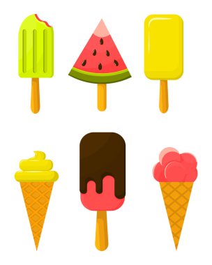 Vectrum dondurma takımı. Karpuz şeklinde bir dondurma istiyorum. Meyveli dondurma mı? Beyaz arka planda izole edilmiş bir dondurma setinin yaz çizimi