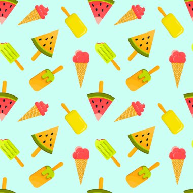 Koni ve çubuk üzerinde karpuz şeklinde farklı dondurma türlerinin yaz koruyucu deseni. Yaz, dinlenme, sıcak. Buzlu çubuk dikişsiz desen - elle çizilmiş dikişsiz dondurma dokusu