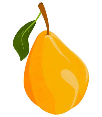 Beyaz arka planda yaprak izole edilmiş büyük sarı armut. Dokulu iştah açıcı armut. Armut vektör çizimi. Yaz taze meyve illüstrasyonu. Uygun beslenme