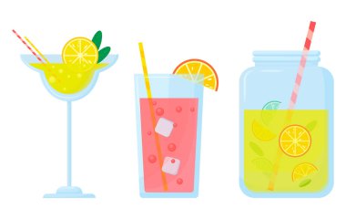 Beyaz arka planda izole edilmiş kokteyller. Alkollü ve alkolsüz içecekler. Klasik soğuk kokteyller. Yaz kokteyli illüstrasyonu.