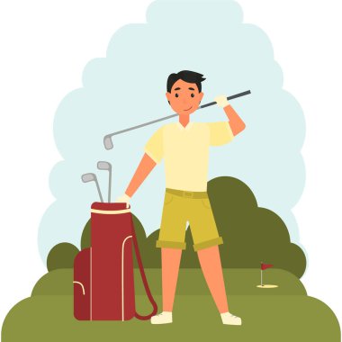 Golf sahasında golf sopasıyla kamuflaj yapan genç bir adam. Profesyonel bir sporcu golfçünün çizimi. Bir erkek karakter açık hava spor oyunu oynuyor. Düz vektör illüstrasyonu