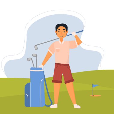 Golf sahasında golf sopasıyla kamuflaj yapan genç bir adam. Profesyonel bir sporcu golfçünün çizimi. Bir erkek karakter açık hava spor oyunu oynuyor. Düz vektör illüstrasyonu