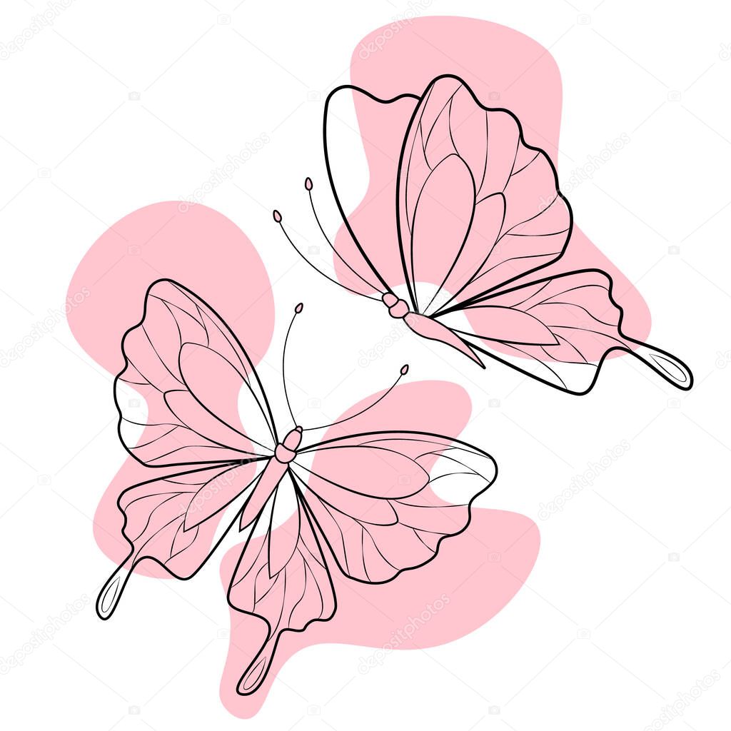 Butterfly continuous line drawing elements set isolated on white background for logo or decorative element. Vector illustration of various insect forms in trendy outline style.