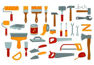 Düz çizgi film tarzında beyaz arkaplanda izole edilmiş parlak renklerde inşa etmek için vektör illüstrasyon seti ve elementler.