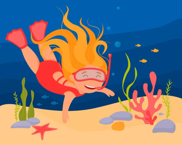 Una linda niña con un traje de baño rojo y una máscara de snorkel nada en el océano. La pelirroja nada bajo el agua. Ilustración vectorial del mundo del mar y buceo. — Vector de stock