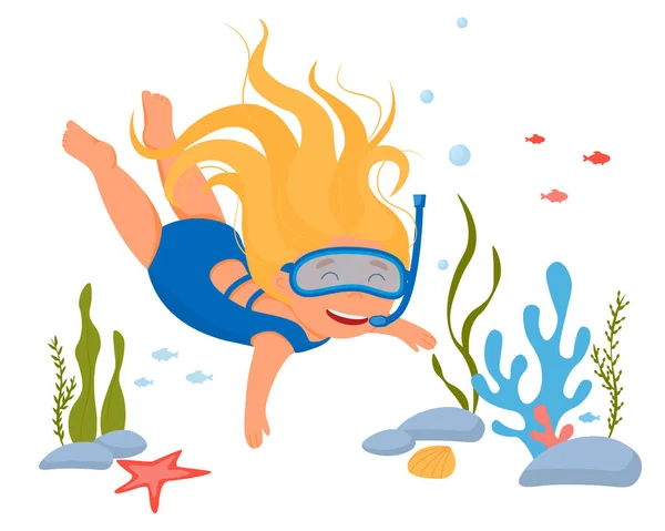 Una linda niña con un traje de baño rojo y una máscara de snorkel nada en el océano. La pelirroja nada bajo el agua. Ilustración vectorial del mundo del mar y buceo. — Vector de stock