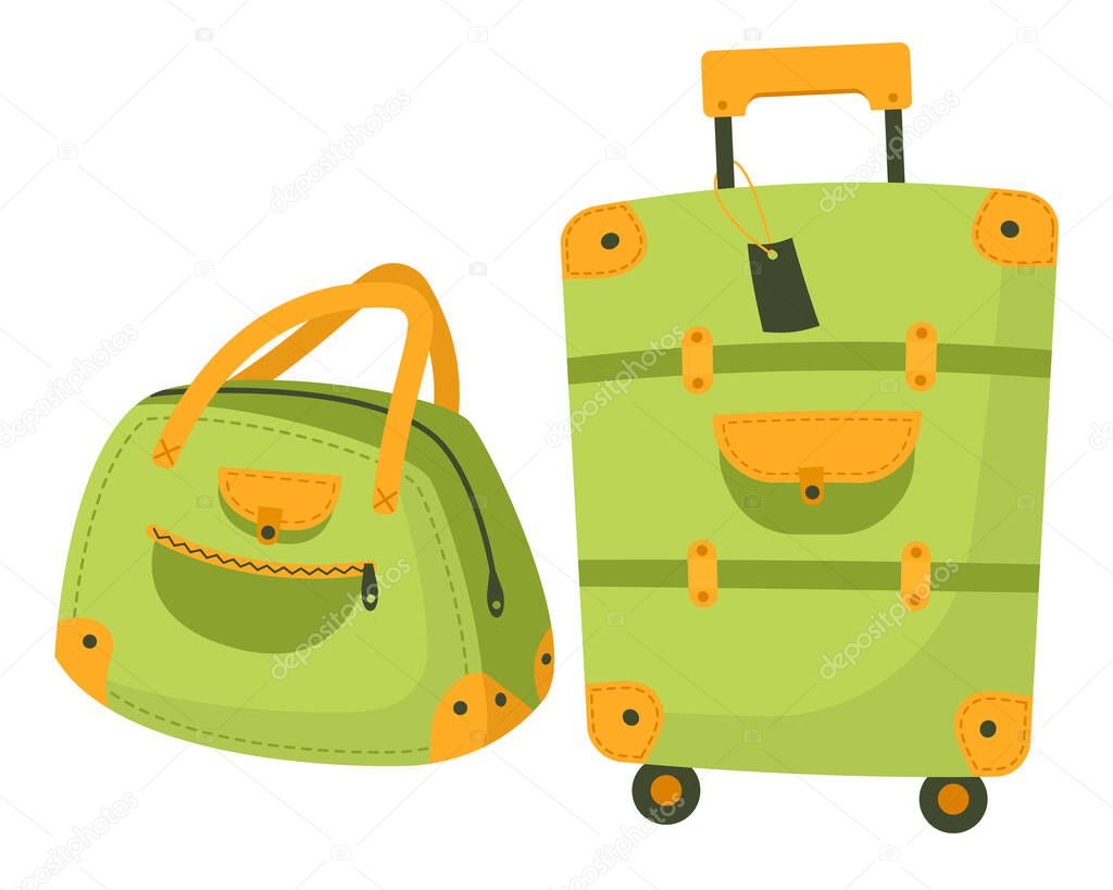Set of travel luggage isolated on white background. Green retro suitcase with buckles and straps on wheels and a bag with handles for travel and business trips. Vector illustration.