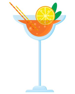 Portakal dilimi, buz ve samanla alkolsüz kokteyl. Soğuk içecekler. Yaz kokteyli. Beyaz arkaplanda izole edilmiş turunçgil içeceğinin vektör çizimi