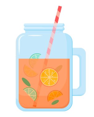 Portakal dilimi, buz ve samanla alkolsüz kokteyl. Soğuk içecekler. Yaz kokteyli. Beyaz arkaplanda izole edilmiş turunçgil içeceğinin vektör çizimi