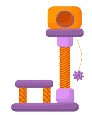 Beyaz arka planda izole edilmiş, tırmalama direkleri ve bir oyuncağı olan katmanlı bir kedi evinin vektör çizimi. Çizik direkli kedi evi düz bir şekilde çizilir. evcil hayvanlar, hayvan bakımı