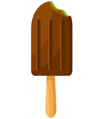 Çikolatayla kaplı buzlu dondurmanın vektör çizimi. Çubuk çikolatalı dondurmayı ısırdı. Beyaz arka planda izole edilmiş bir çubukta dondurma..