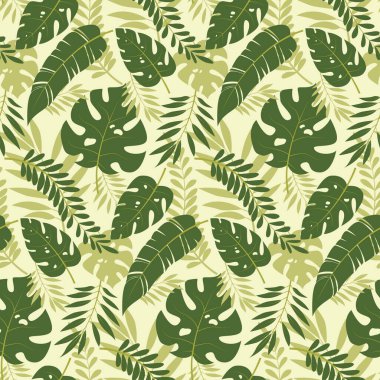 Tropikal yaprakların kusursuz vektör deseni. Egzotik palmiye yapraklarıyla tropik arka plan. Bir canavar deseni, palmiye dalları, muz yaprakları. Vektör illüstrasyonu