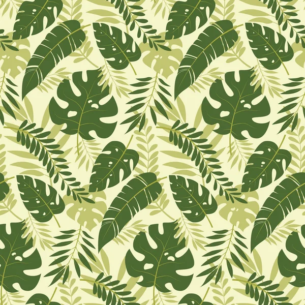 Tropikal yaprakların kusursuz vektör deseni. Egzotik palmiye yapraklarıyla tropik arka plan. Bir canavar deseni, palmiye dalları, muz yaprakları. Vektör illüstrasyonu