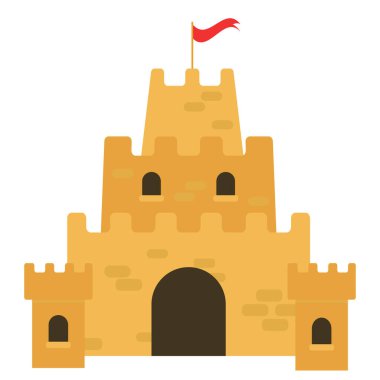 Beyaz arka planda izole edilmiş düz bir kalenin vektör çizimi. Kumdan kale vektör simgesi. Kırmızı bayraklı vektör kilidi