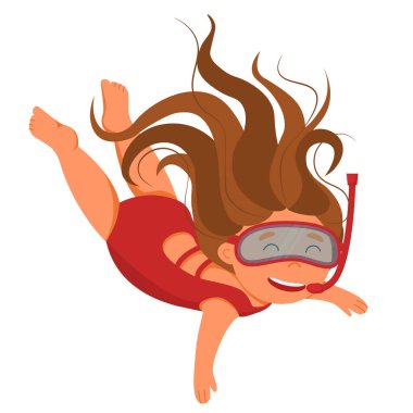 Beyaz arka planda dalış maskeli bir kız. Çocuklar şnorkelle yüzüyor. Komik çizgi film karakteri. Şnorkelle yüzen bir kızın vektör çizimi. Beyaz arkaplan dalışında izole edildi