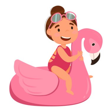 Beyaz arka planda izole edilmiş kauçuk halkalı bir kız. Pembe gözlüklü ve topuzlu güzel bir kız şişme flamingoda oturuyor. Flamingo, yaz, tatil, tropik cennet.