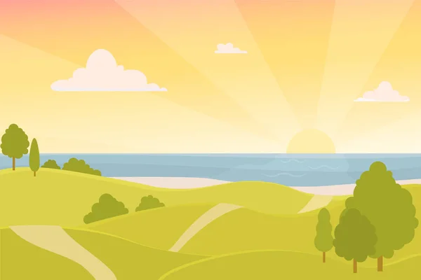 Векторная иллюстрация моря на закате, на переднем плане зеленые холмы и деревья. Парк с холмами у моря с восходом солнца и облаками. Небо и море в плоском стиле — стоковый вектор