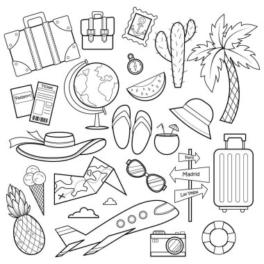 Set of hand drawn travel doodles on a white background. Vector illustration. Tourism and summer sketch with travel elements: compass, map, sunglasses, camera, cocktail, ticket, suitcase, globe, plane vector