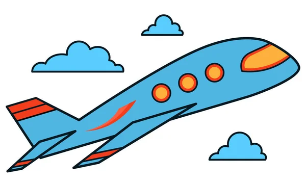 Vector blue plane with clouds. Icon of an airplane flying in the sky with clouds on a white background in flat style with an outline. Vector plane isolated on white background. — Stock Vector