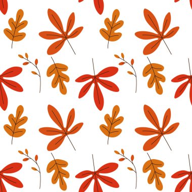 Beyaz arka planda düşen yapraklar. Kusursuz sonbahar şablonu. Renkli sonbahar yapraklarıyla kusursuz bir arka plan. Vektör illüstrasyonu