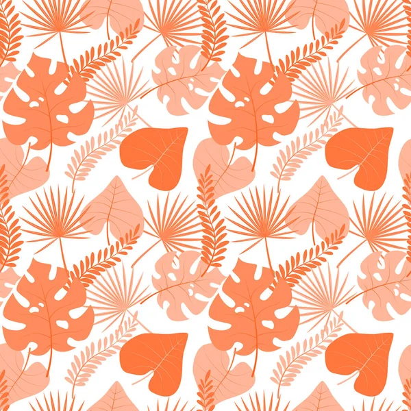 Seamless colorful pattern with coral and purple tropical leaves on a light background. Stylish vector illustration with isolated elements. Tropical pattern. —  Vetores de Stock