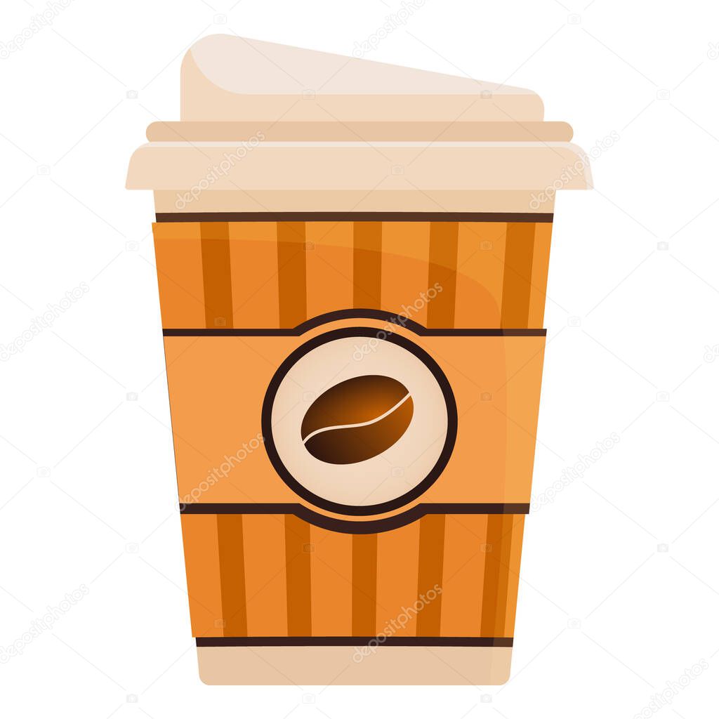 A paper cup with natural coffee. Coffee drink on a white background. Disposable coffee cup icon with coffee beans logo, flat design vector illustration with long shadow