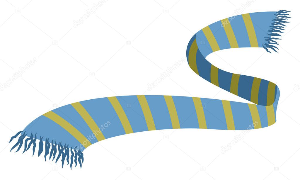 Vector illustration of a scarf, blue with green stripes. Winter scarf isolated on white background. Childrens scarf in flat style, cold concept