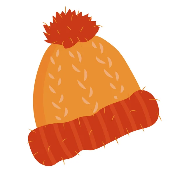 Oranžová zimní pletená čepice s bambulí, vektorová ilustrace ve stylu náčrtu izolovaná na bílém pozadí. ručně kreslený vlněný klobouk s velkým načechraným pom-pom, zimní doplňky — Stockový vektor