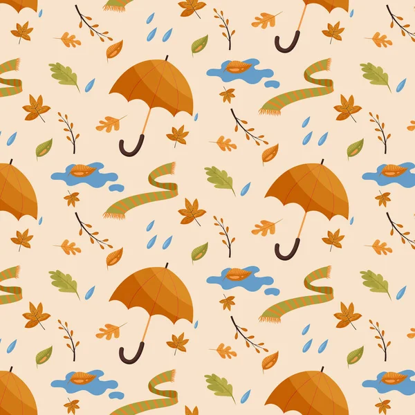 Padrão vetorial sem costura com guarda-chuva e folhas. Folhas de outono, bolotas, guarda-chuvas em estilo plano. Textura colorida para a temporada de outono —  Vetores de Stock