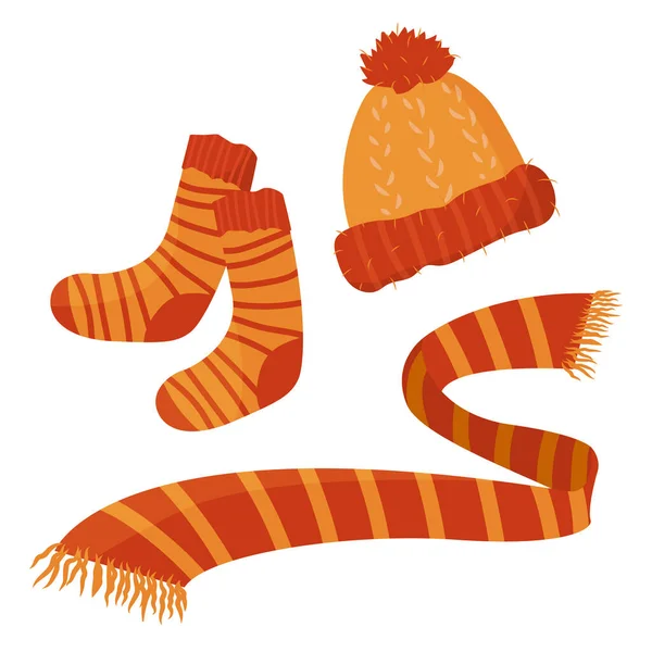 Sada teplých podzimních šatů - barevné vzory pro chladné počasí - oranžový vlněný klobouk, pruhované ponožky, oranžový šátek. Izolované vektorové ilustrace na bílém pozadí — Stockový vektor