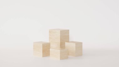 Yumuşak ışıklandırmalı ve nötr arkaplanlı tahta küp kürsü sahnesi. Sergi ürünleri, ambalaj modelleri, kozmetik ürünleri veya tasarım sunumları için mükemmel. Temiz ve doğal ahşap dokusu modern ve organik bir estetik verir..