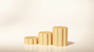 Yumuşak, sıcak ışıklandırmalı ve pürüzsüz arka planlı altın silindir podyumlar. Lüks ürün sergisi, kozmetik modeller ve zarif markalaşma görselleri için ideal..