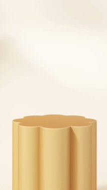 Pürüzsüz bej arka planı ve zarif ışıklandırması olan tek uzun flütlü altın podyum. Kozmetik modeller, cilt bakımı ve ürün gösterimi için harika..