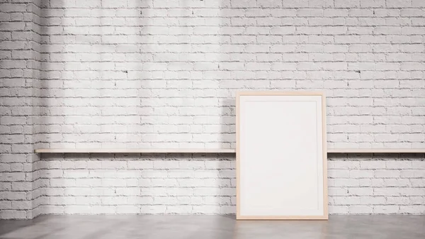 Beyaz tuğlalı arka planı olan bir rafa yaslanmış modern bir poster modeli. Poster önizlemeleri, markalaşma kavramları, iç görseller ve ticari sunum kullanımı için tasarlandı.