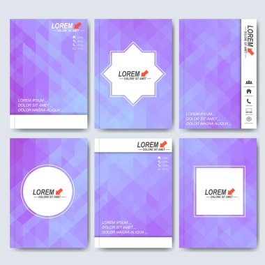 Broşür, el ilanı, kapak dergi ya da A4 boyutunda rapor için modern vektör şablonları. İş, bilim, tıp ve teknoloji tasarım. Mor üçgenler ile arka plan
