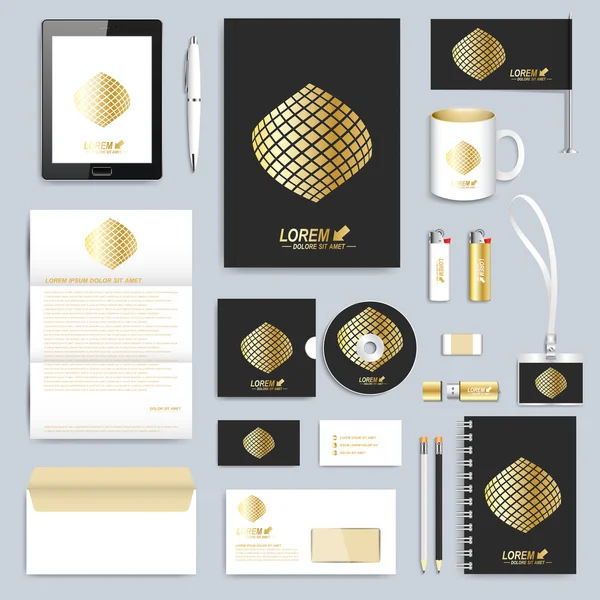 Set of vector corporate identity template. Modern business stationery mock-up. Black branding design. Gold shape — Stok Vektör