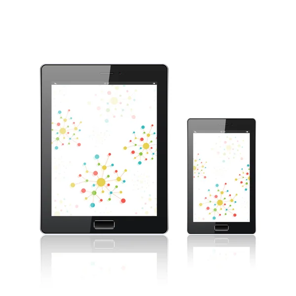 Tablet PC digital moderno con smartphone móvil aislado en blanco. Antecedentes moleculares y de comunicación. Ilustración vectorial — Archivo Imágenes Vectoriales