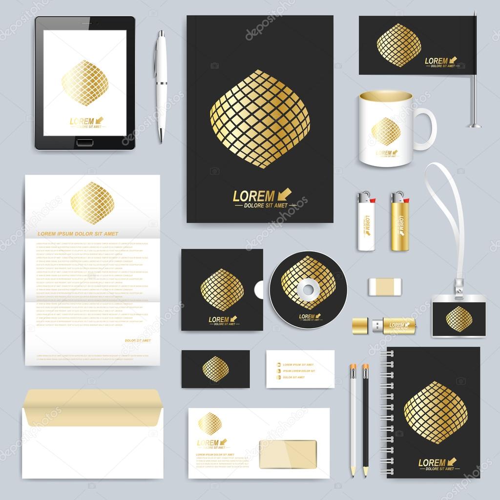 Set of vector corporate identity template. Modern business stationery mock-up. Black branding design. Gold shape