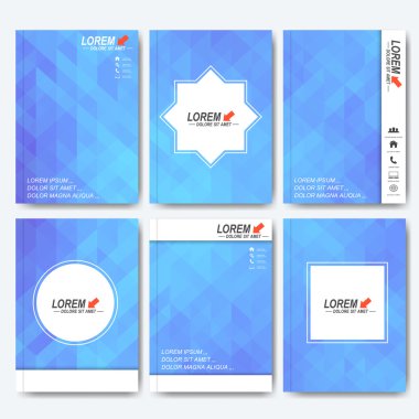 Broşür, el ilanı, kapak dergi ya da A4 boyutunda rapor için modern vektör şablonları. İş, bilim, tıp ve teknoloji tasarım. Arka plan mavi üçgen ile