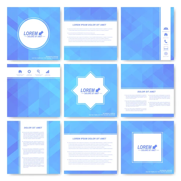 Vierkante set van brochure. Business, wetenschap, geneeskunde en technologie ontwerpsjabloon. Cover layout. Achtergrond met blauwe driehoeken — Stockvector