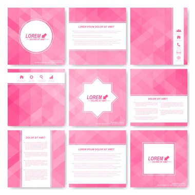 Kare broşür seti. İş, bilim, tıp ve teknoloji tasarım şablonu. Kapak düzeni. Pembe üçgenli arka plan