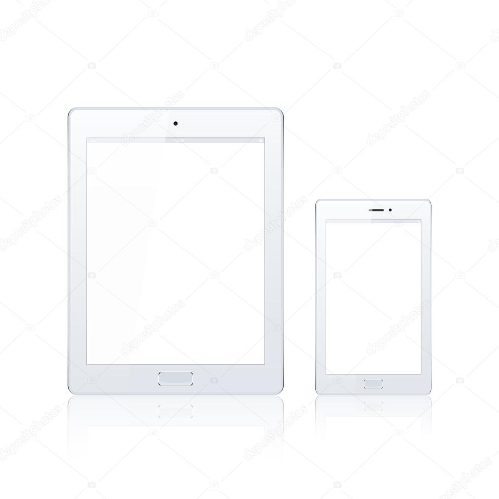 Modern digital tablet PC with mobile smartphone isolated on the white. Science and tecnology concept. Vector Illustration