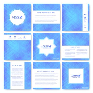 Mavi kare şablon broşür kümesi. İş, bilim, tıp ve teknoloji tasarım. Kapak düzeni. Arka plan ışık mavi üçgen ile