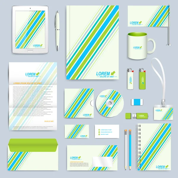 Conjunto de plantilla de identidad corporativa vectorial. Moderna maqueta de papelería de negocios. Diseño de marca con líneas azules y verdes. Medicina, ciencia, concepto tecnológico — Vector de stock